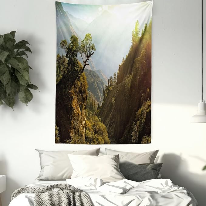 Ambesonne Landscape Tapestry, Forest Nepal Himalaya Mountains Sunlight Majestic Scenery Nature Photo, Fabric Wall Hanging Decor for Bedroom Living Room Dorm, 23" X 28", Green Pale Yellow