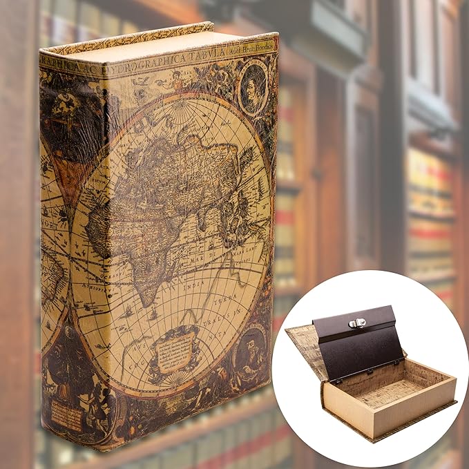 Barska Antique Map Book Safe with Key Lock – Hidden Diversion Lock Box with Magnetic Closure – Concealed Steel Compartment for Cash, Jewelry, and Valuables – Home or Office Security