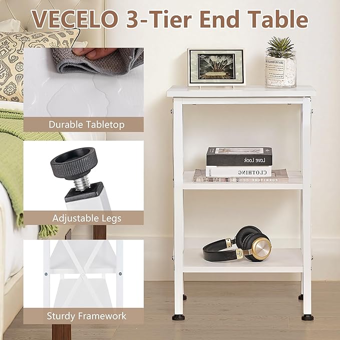 VECELO End Table Set of 2, Bedside Table, 24" Tall Living Room End Tables, X-Design Reinforced Nightstands, Side Table with 3-Tier Storage Shelves for Small Spaces, Office, Bedroom, Pearl White