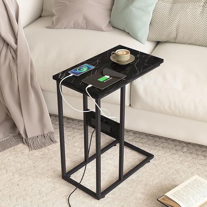 VECELO C Shaped End Table with Charging Station & Power Outlets, Quick Access Side Table for Sofa, C Bedside for Living Room Bedroom 2 Set,Black Marble