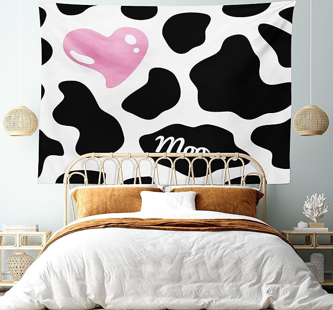 Ambesonne Cow Print Tapestry King Size, Camouflage Hide Skin Pattern in Pastel Color Shades Heart Shape Moo, Wall Hanging Bedspread Bed Cover Wall Decor, King Size, Pink Black White