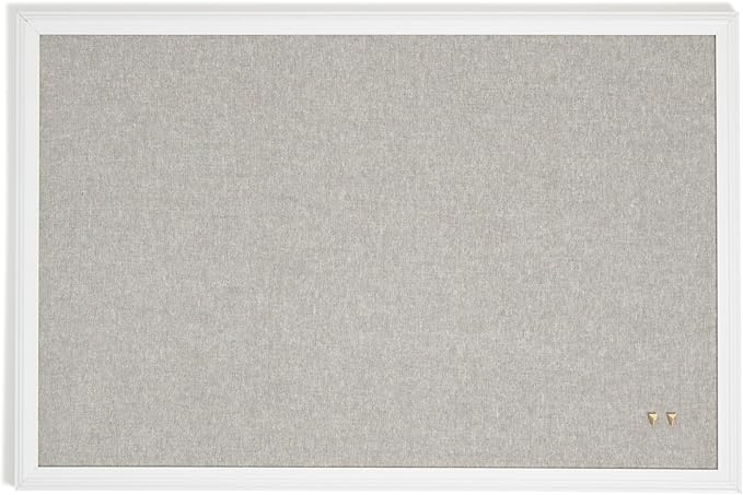 U Brands Farmhouse Linen Bulletin Board, 30" x 20", White Wood Style Frame, Includes Push Pins