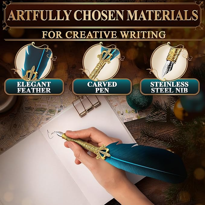 Vintage Feather Quill Pen and Ink Set - Blue Feather Pen and Ink Set, Writing and Drawing Tools with Stainless Steel Nib - Elegant Vintage Style Calligraphy Kit for Creative Hand Lettering