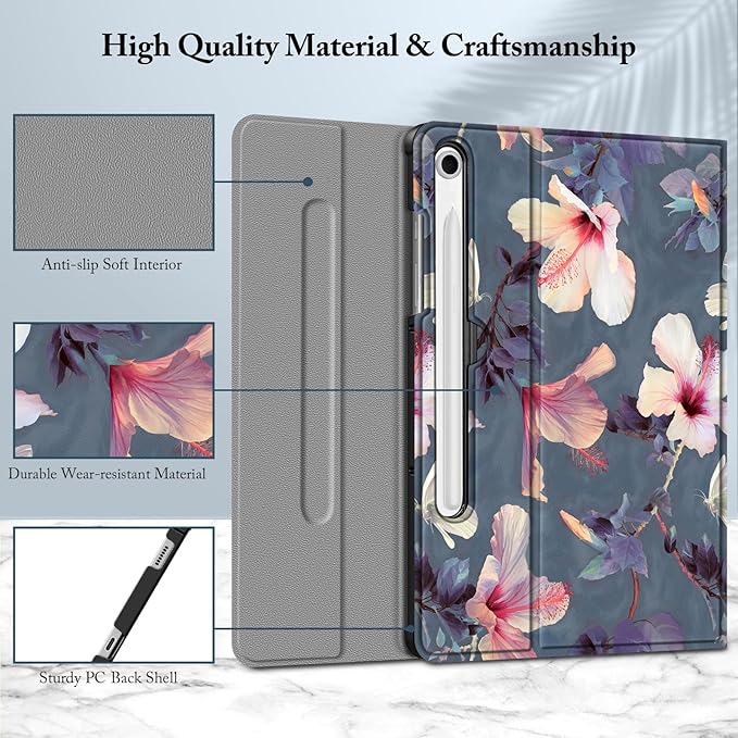 FINTIE Keyboard Case for Samsung Galaxy Tab S10 Lite/ S10 FE/ S9 FE 5G 10.9 Inch/Tab S9 11 Inch with S Pen Holder, Slim Stand Cover Detachable Wireless Bluetooth Keyboard, Blooming Hibiscus