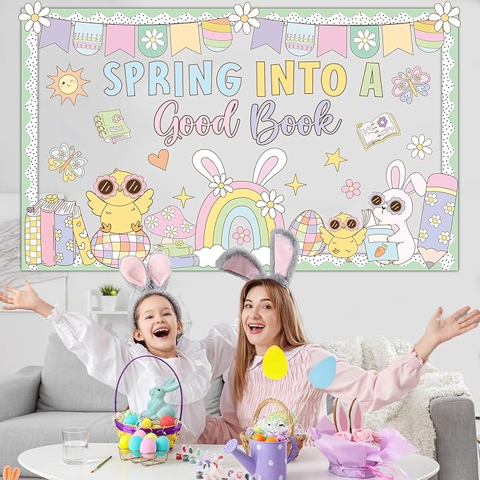 Spring Reading Bulletin Board Decorations Easter Spring into A Good Book Bulletin Board Set Pastel Chick Bunny Rainbow Books Cutouts for School Library Classroom Chalkboard Wall Party Decor Supplies