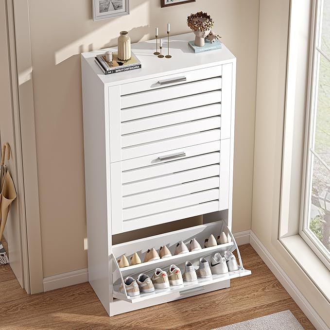 VECELO Shoe Storage Cabinet with 3 Flip Drawers, Slim Hidden Free Standing Organizer for Narrow Entryway, Adjustable Shelf, Modern Style, White (47.8" x 23.6" x 11.4")