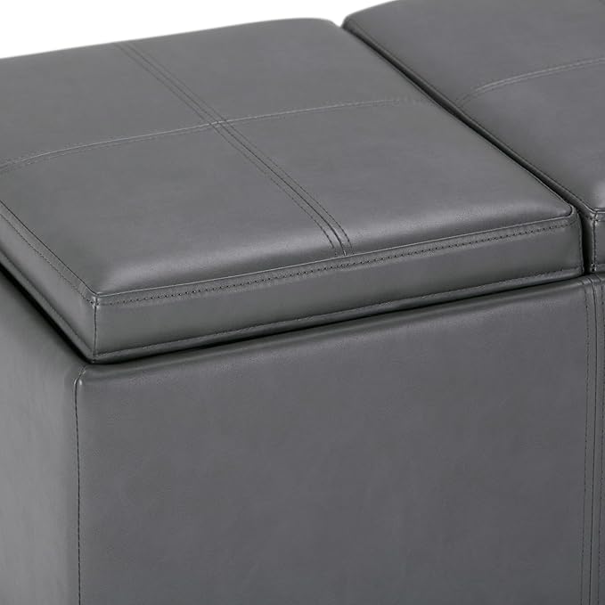 SIMPLIHOME Avalon Storage Ottoman - 42 inch Wide Upholstered Vegan Leather Rectangular Flip-Top Ottoman in Stone Grey, Contemporary Coffee Table Ottoman for Living Room with Hidden Storage
