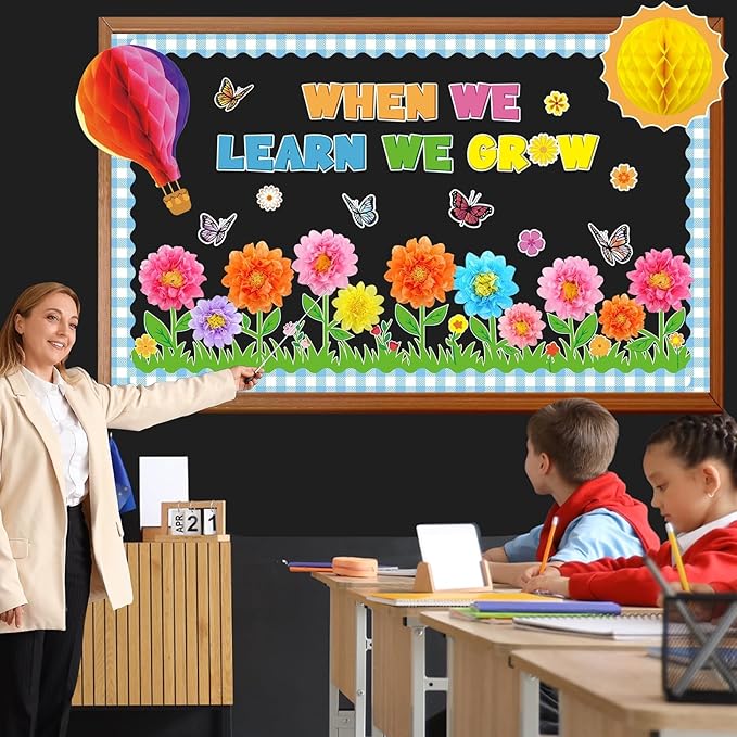 Spring Bulletin Board Decorations Flowers Themed Bulletin Board Set When We Learn We Grow Bulletin Board with 3D Paper Flower Cutouts for Back to School Classroom Wall Decor