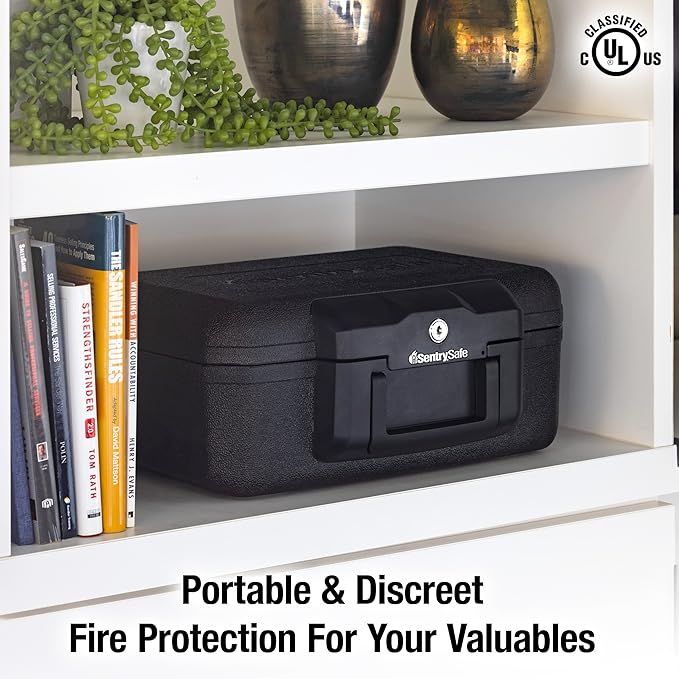 SentrySafe Fireproof Money Safe with Key Lock, Black Lock Box with Portable Carrying Handle for Travel, Exterior: 14.3 in. W x 11.2 in. D x 6.1 in H, 1200