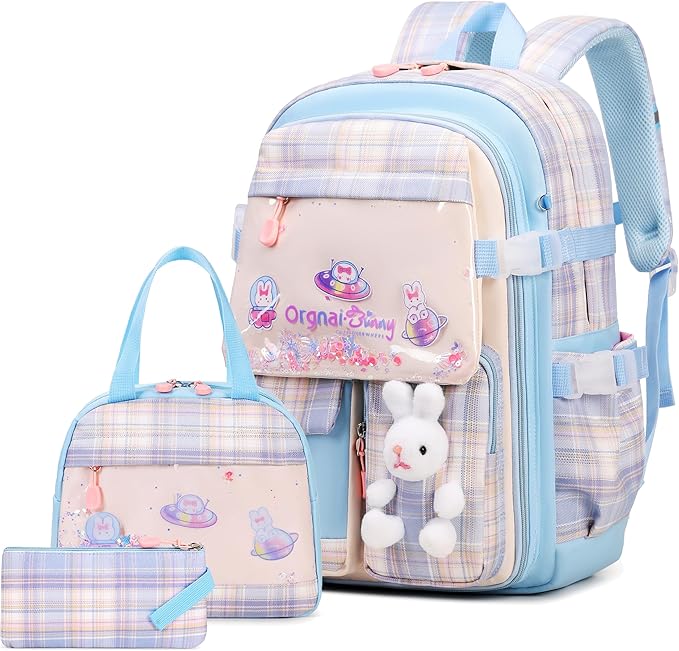 Girls Backpack Set, 3PCS Kids Backpacks for Girl, Kawaii Bunny School Backpack for Girls Kindergarten Elementary Preschool Middle School Bags with Lunch Box Pencil Case Blue-Plaid