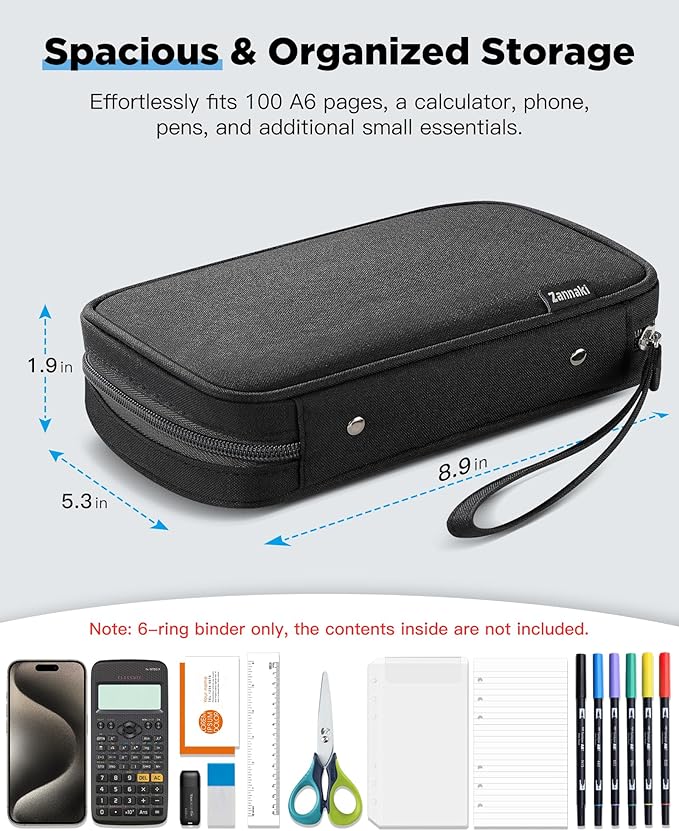Zannaki A6 Zipper Binder, 6 Ring Personal Planner Journal Budget Binder Cover Case, Refillable Notebook Shell for Cash Envelope Loose Leaf Filler Paper Organizer Portable School Office Supplies, Black