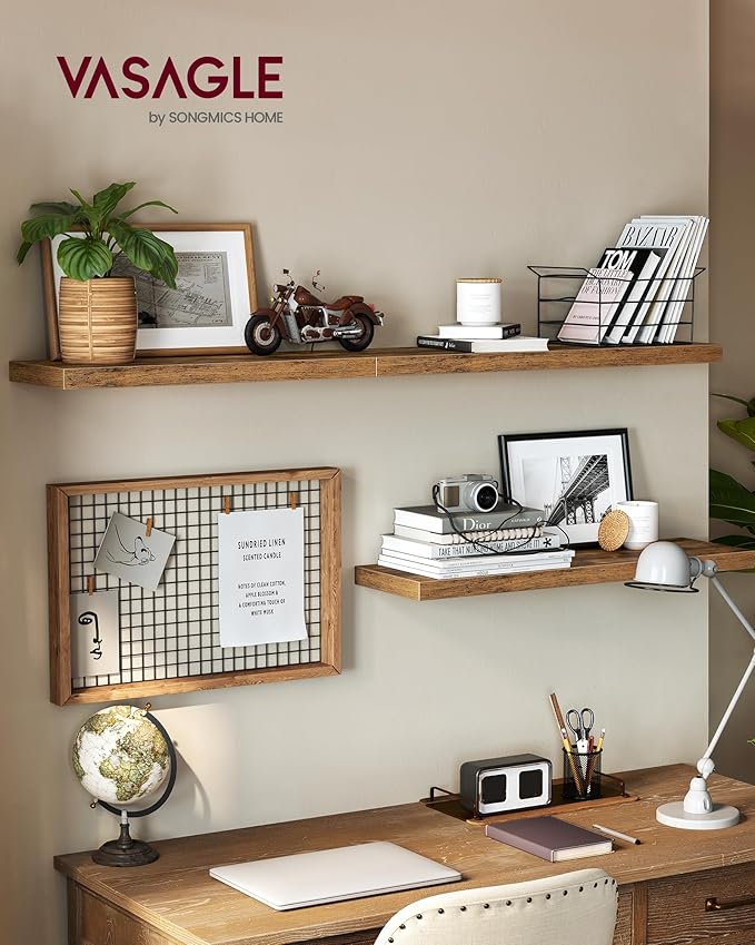VASAGLE Wall Shelves Set of 3, Floating Shelves, 8 x 15.7 x 1.5 Inches, Display Shelves for Picture Frames, Wall Decor, Hanging Shelf for Living Room, Kitchen, Rustic Brown ULWS055B01