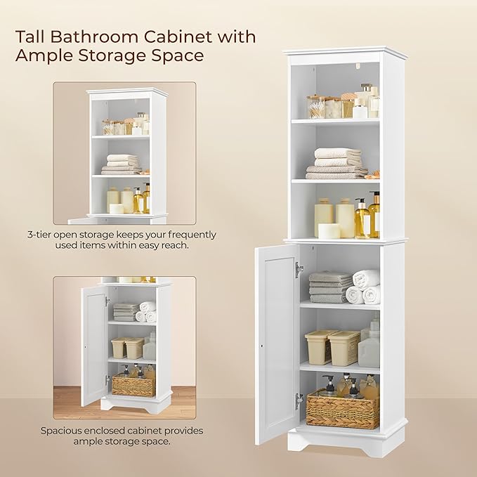 Yaheetech Tall Slim Storage Cabinet with 3 Shelves & Door, Freestanding Linen Cabinet for Bathroom, Living Room, Entryway, 16 x 12 x 60.5 Inches, White