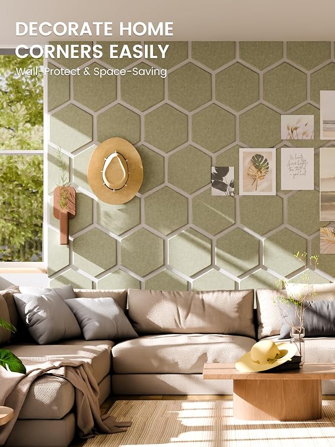 Fluxynara Hexagon Cork Board Alternative for Walls Decor-8-Pack Felt Bulletin Board Tiles,with 30 Pushpins,50 Adhesive Tabs for Office,Classrooms & Home Pin Board Felt Board-Sage