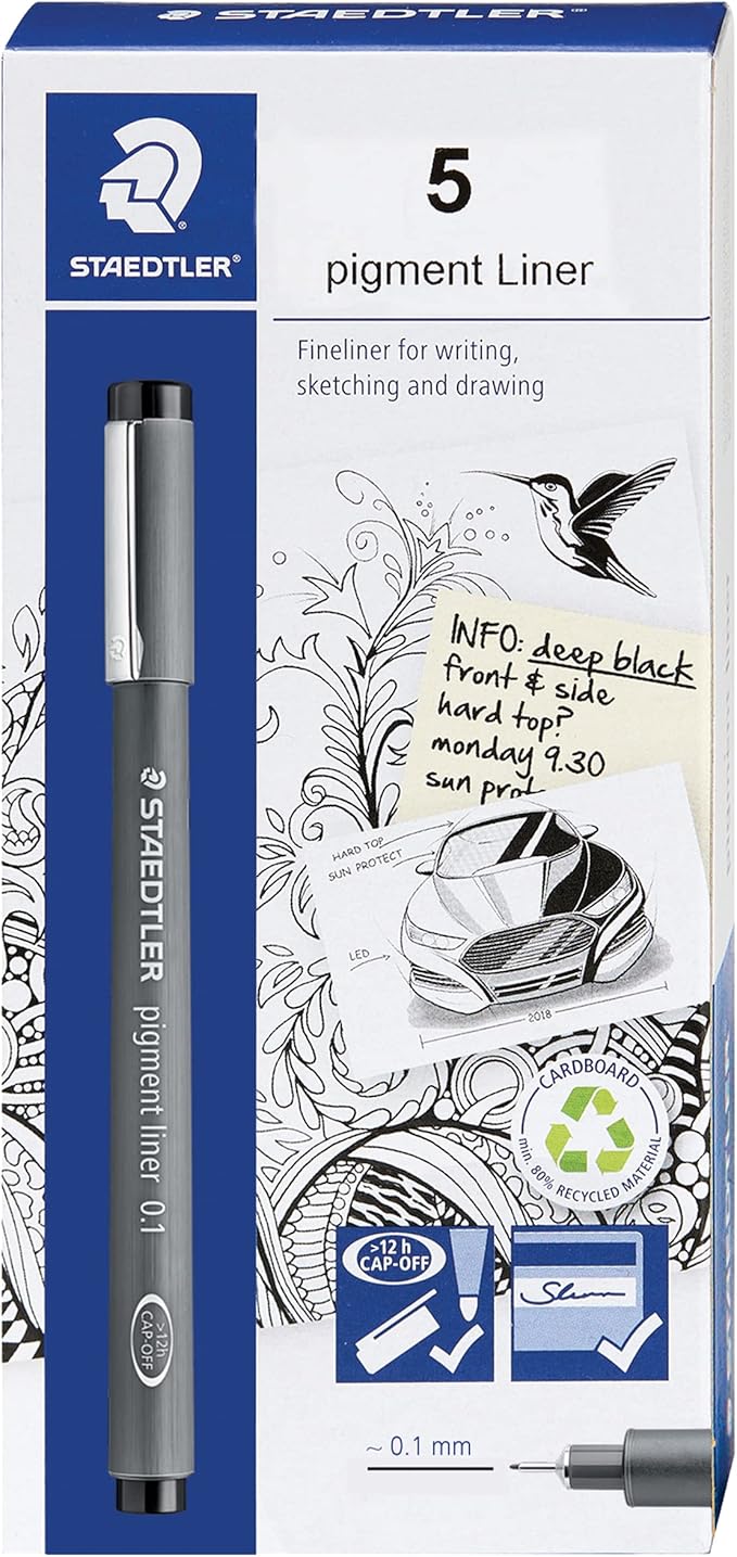 Staedtler Pigment Liner, Fineliner Pen for Drawing, Drafting, Journaling, 0.1mm, Black, Box of 5 Pens, 308 01-9M