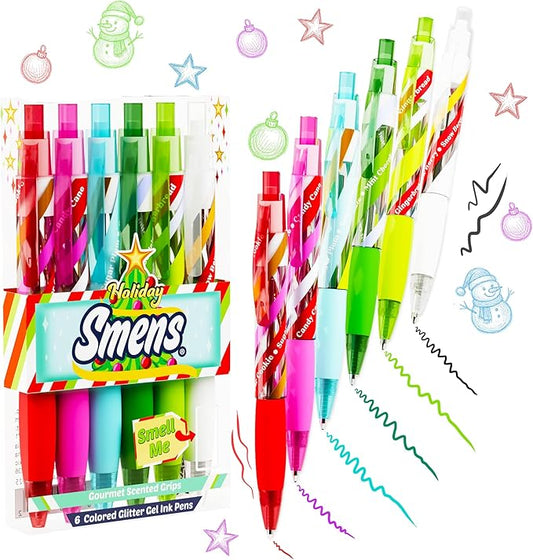 Holiday Smens - Patented Gourmet Scented Colored Glitter Gel Ink Pens, Medium Point, 6 Count - Fun, Cute, Cool, Smelly Pens for Kids