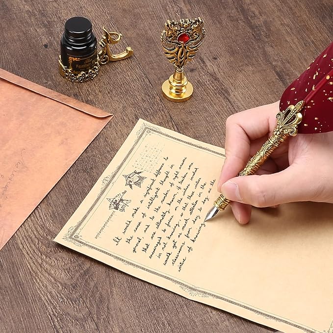 Quill Feather Pen and Ink Set, Calligraphy Pen Glass Dip Pen and Wax Seal Stamp Kit (Navy Blue)