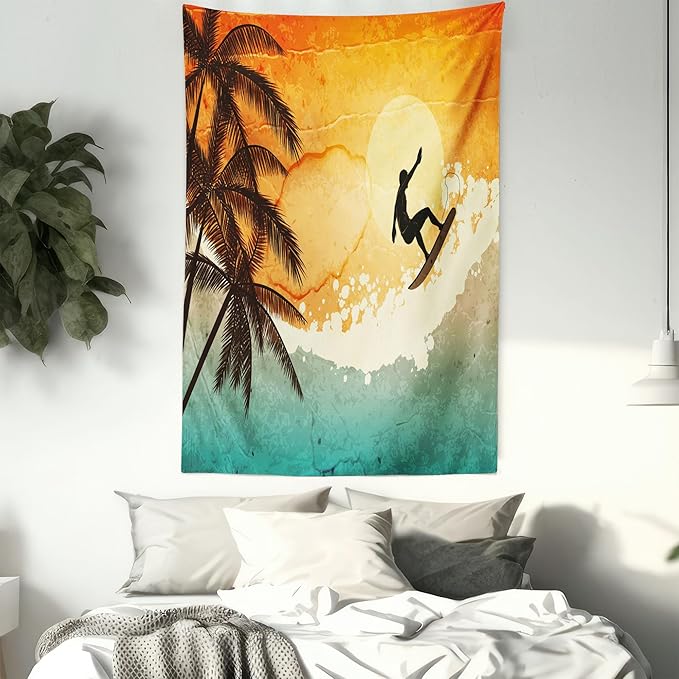 Ambesonne Grunge Tapestry, Illustration of Tropical Island Surfer on Sea Waves and Palms at Sunset, Fabric Wall Hanging Decor for Bedroom Living Room Dorm, 23" X 28", Orange Turquoise Black