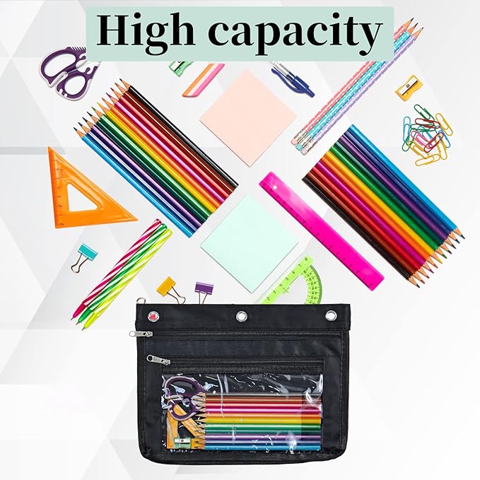 YoeeJob 6 Pack 1 Inch Expandable Zipper Pencil Pouches with Clear Window for 3 Ring Binder, Suitable for School & Office (6, Black)
