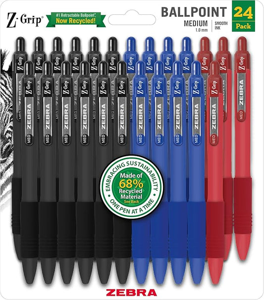 Zebra Pen Z-Grip Recycled Retractable Ballpoint Pens,1.0mm, Assorted Business Colors, Durable Metal Clip, 68% Recycled (GRS Certified; Global Recycled Standards), Office Supplies, 24-Pack (20304)