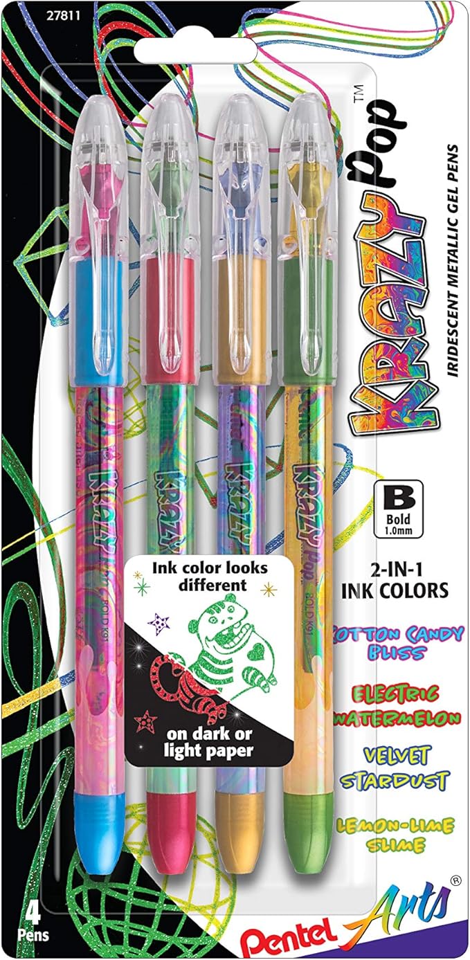 Pentel Arts Krazy Pop Iridescent Gel Pen, (1.0mm) Bold Line, Assorted Ink, Pack of 4 (K91PABP4M3)