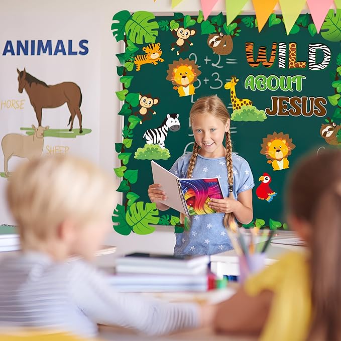 87Pcs Jungle Animals Leaves Bulletin Board Set for Back to School Classroom Wild Animal Cut-Outs Wild About Jesus Christian Wall Decor Supplies for Chalkboard Church Preschool Forest Party