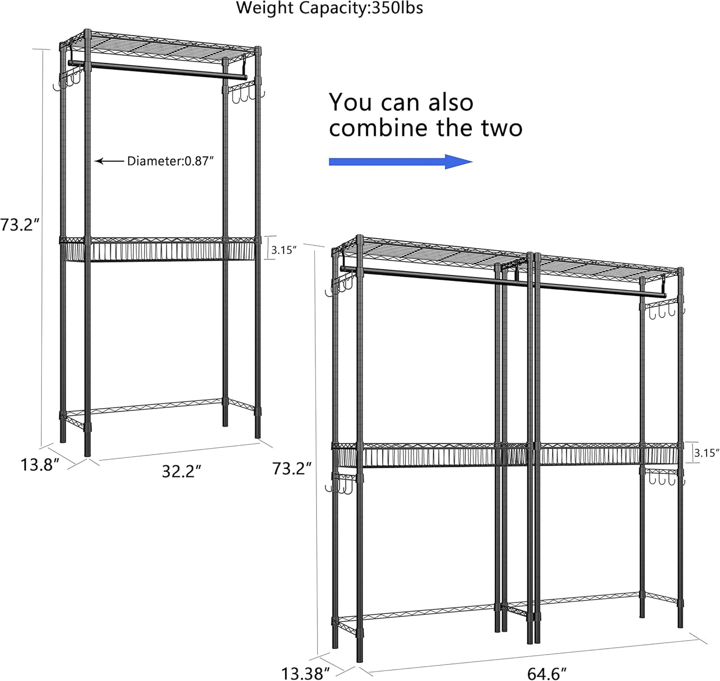 Xiofio Washer and Dryer Storage Shelf,Clothes Drying Rack,2 Tier Adjustable Height Storage Wire Basket with 2 Side Hook Laundry Shelves Used for Bathroom, Bedroom,Balcony,Black