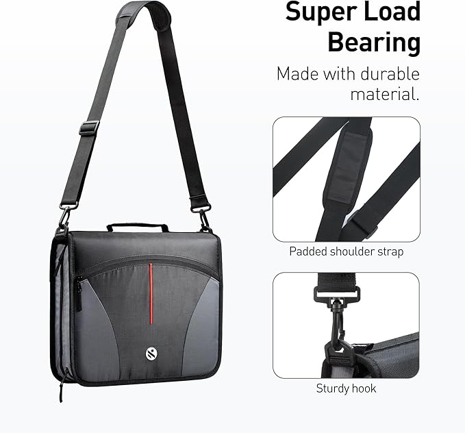 3-Inch Zipper Binder, Round Ring Binder with Handle and Shoulder Strap, Black