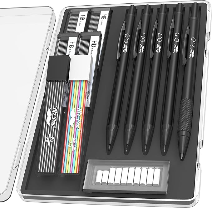 Mr. Pen- Metal Mechanical Pencil Set with Lead and Eraser Refills, 5 Sizes, Black, 0.3, 0.5, 0.7, 0.9, 2mm, Drawing Mechanical Pencils, Mechanical Pencil Metal, Drawing Pencils Mechanical