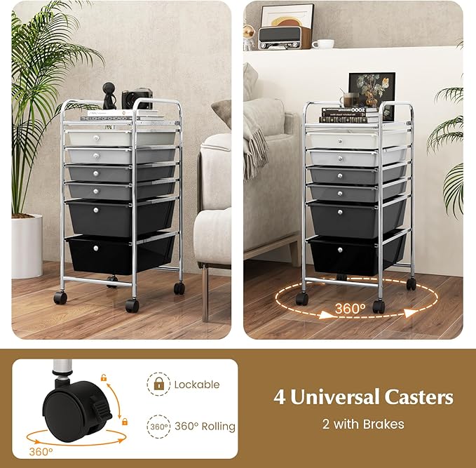COSTWAY 6-Drawer Rolling Storage Cart, Multifunctional Art Craft Tools Organizer on Wheels, Heavy Duty Utility Mobile Storage Trolley w/ 2 Lockable Wheels for Home Office School, Mixed Black