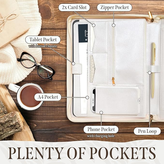 Padfolio for Women, Leather Zipper Binder, Beige Portfolio Organizer, Design Zipper Padfolio, Aesthetic Portfolio Binder, Laptop Portfolio Organizer Case, Folder Organizer, Portfolio for Ipad