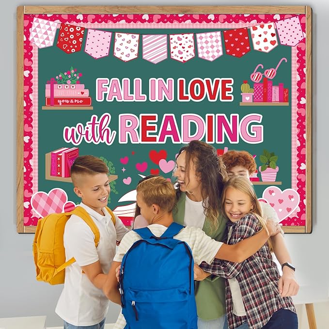 Valentine Bulletin Board Decorations - Valentine Reading Classroom Decorations, Heart Book Paper Cutouts Set for School Library, Valentines Day Chalkboard Office Wall Decor Supplies