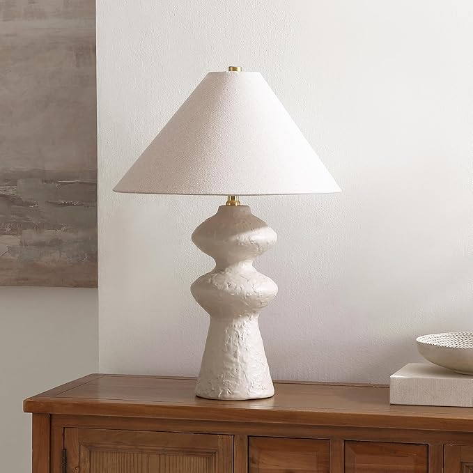 SAFAVIEH Lighting Collection Keira White & Oatmeal 25-inch Ceramic Table Lamp for Bedroom, Living Room, Home Office, Desk, Nightstand (LED Bulb Included)