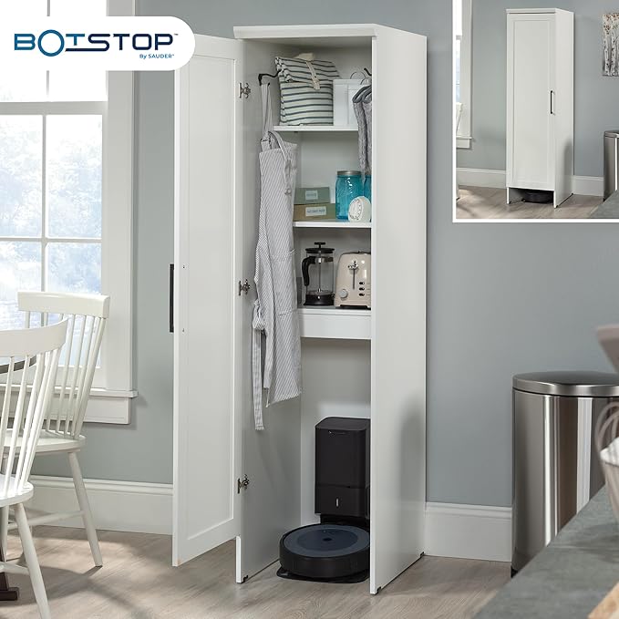 Sauder Homeplus Robot Vacuum Kitchen Pantry Storage Cabinet, Single Door with Adjustable Shelves, in Soft White