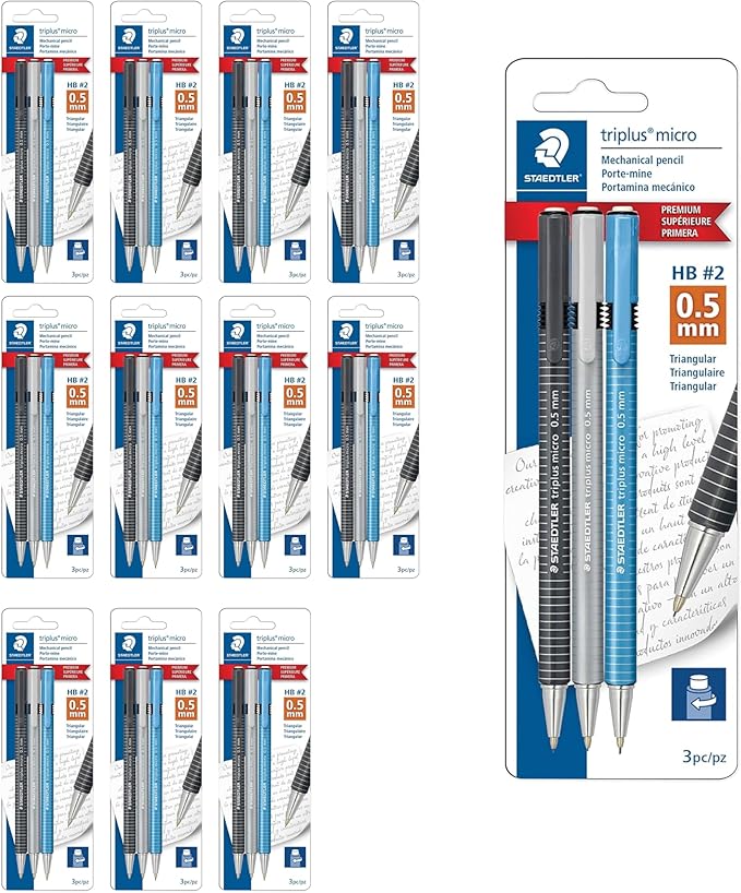 STAEDTLER Triplus Micro Mechanical Pencils 12 Pack (12 sets of 3 pcs) (#2) 0.5mm lead, Retractable with Twist Eraser, Ergonomic Triangular Grip for Writing, Drawing & Drafting, 36 Count