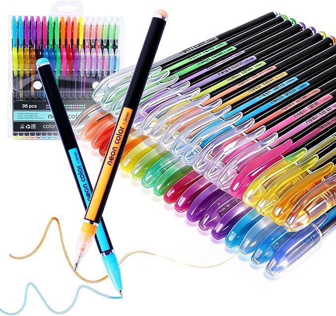 Colored Gel Pens Set for Coloring, 36 Colors Glitter Gel Pens, Fine Point Gel Pens Colored Set for Adult Coloring Books, Journal Pen Markers for Journaling Supplies, Writing Drawing Taking Office Home