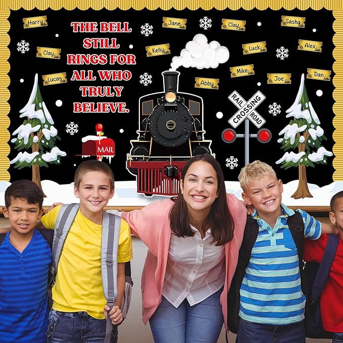 Christmas Train Bulletin Board Decoration Set Christmas Polar Golden Tickets Name Tag Xmas Movie Train Theme Cutouts for Classroom School Home Chalkboard Office Winter Holiday Party Decor Supplies