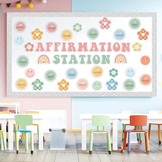 Classroom Bulletin Board Decoration - 120pcs Boho Affirmation Station Motivational Cutout Borders Decor Set, Back to School Chalkboard Library Wall Accents Ideas Kits for Welcome Party Supplies