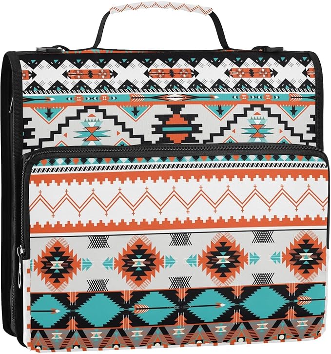 Aztec Indian Paisley Western Zipper Binder Bag 3 Ring Binder with Shoulder Strap Zip Up 500 Sheets Capacity Multi Pockets for School Office Supplies