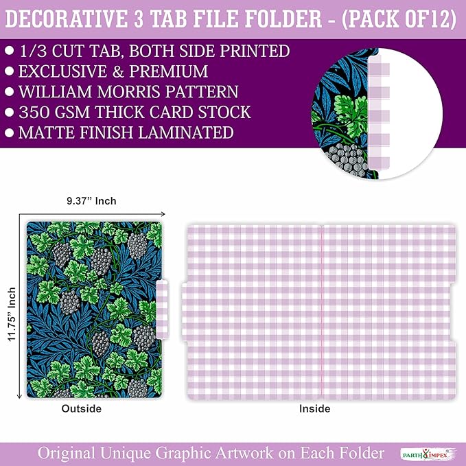 PARTH IMPEX 12 Pack William Morris Decorative File Folders, 1/3 Cut Tab with Assorted Positions, Letter Size Paper Holders (9.75” x 11.75”) Matte Finish Laminated for Office School Work