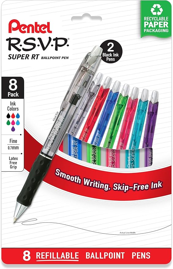 Pentel RSVP Super RT Ballpoint Pen, (0.7mm) Fine Line, Assorted Ink Colors, 8 Pack with Bonus Black Ink Pen