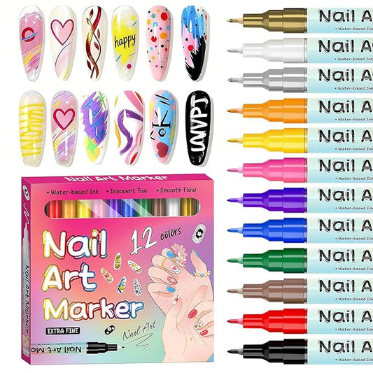12 Colors Nail Art Pens for Painting Nails Set, Nail Art Markers for Gel Nails, Nail Art Tool for Graffiti Dotting Drawing Painting Point Liner DIY