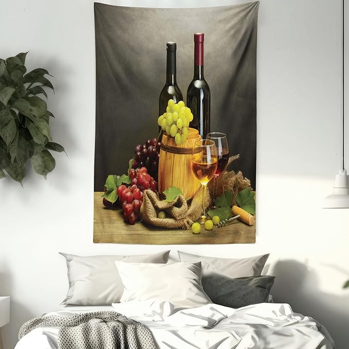 Ambesonne Winery Tapestry Twin Size, Cask Bottles and Glasses of Wine and Ripe Grapes on Wooden Table Picture Print, Wall Hanging Bedspread Bed Cover Wall Decor, 68" X 88", Grey Taupe