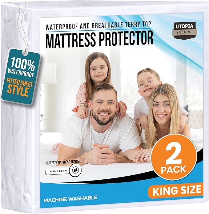 Utopia Bedding Waterproof Mattress Protector King Size 2 Pack, 200 GSM Breathable Terry Mattress Cover, Fitted Style with Stretchable Pockets (White)