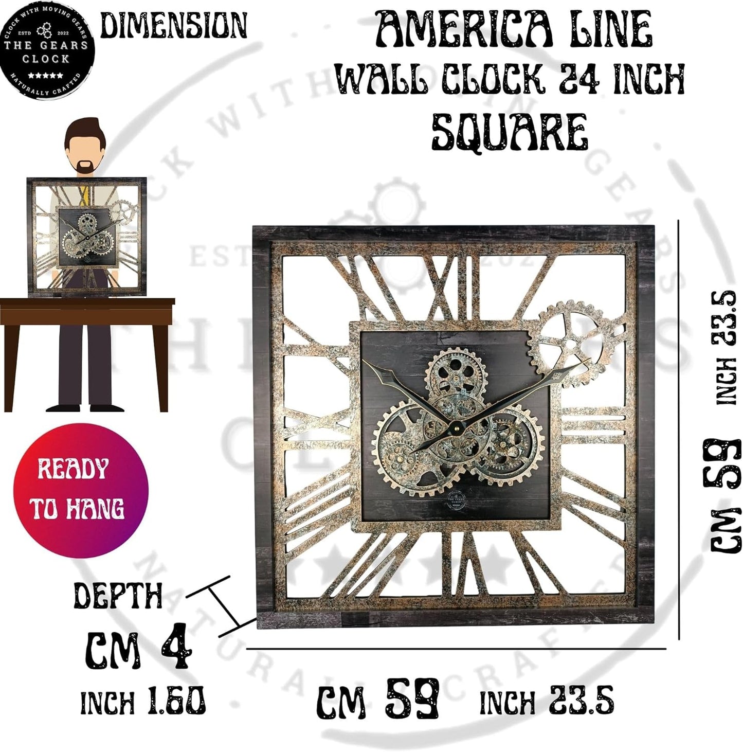 The Gears Clock 24'' Inch Square Real Moving Gear Wall Clock Vintage Industrial Oversized Rustic Farmhouse (Silver Grey)