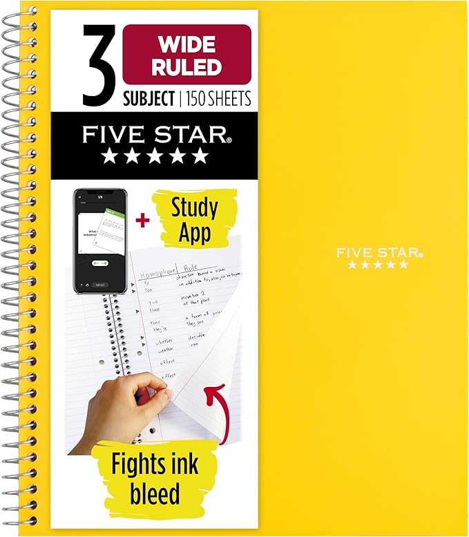 Five Star Spiral Notebook + Study App, 3 Subject, Wide Ruled Paper, 8" x 10-1/2", 150 Sheets, Fights Ink Bleed, Water Resistant Cover, Harvest Yellow (73463)