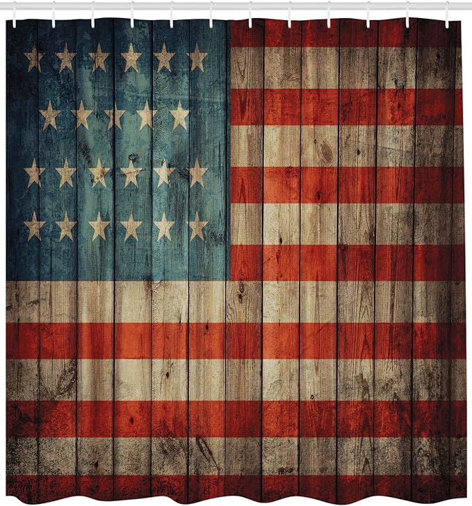 Ambesonne USA Shower Curtain, Fourth of July Independence Day Painted Old Wooden Rustic Background Patriot, Cloth Fabric Bathroom Decor Set with Hooks, 69" W x 75" L, Blue Red