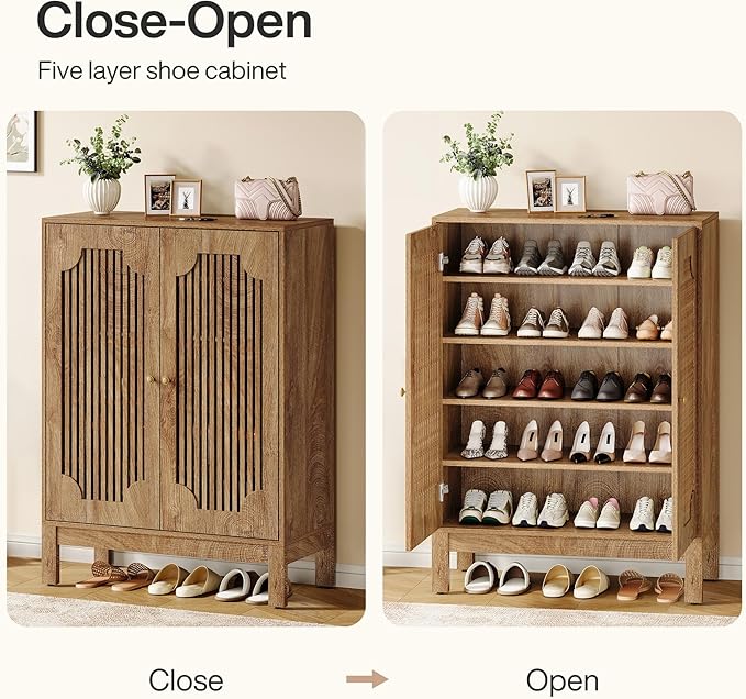 Tribesigns Shoe Cabinet with Doors, 5-Tier Shoe Storage Cabinet with Adjustable Shelves, 20 Pairs Wooden Shoe Rack Organizer, Tall Narrow Shoe Cabinet for Entryway, Hallway, Living Room, Rustic Brown