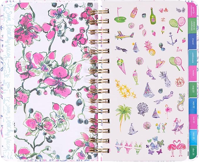 Lilly Pulitzer Medium Planner August 2025 - December 2026, Weekly Agenda & Monthly Calendar, Stickers, Pockets, Spiral Binding, 5" x 8.25" (Tis the Sea Sun)