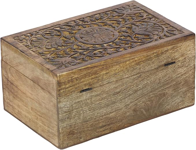 Deco 79 Mango Wood Floral Handmade Decorative Box Decorative Keepsake Boxes with Hinged Lid, Set of 3 Storage Boxes 8", 10", 12"W, Brown